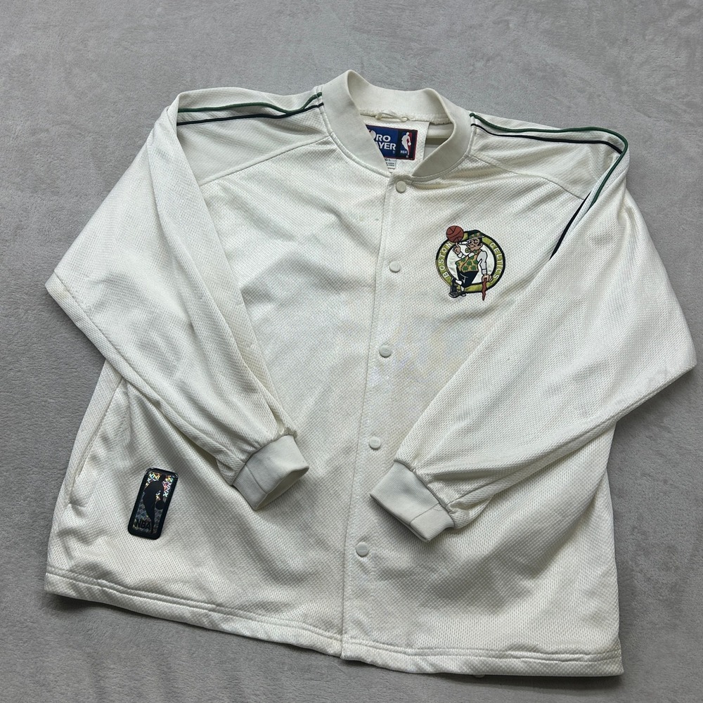 Vintage Pro Player Boston Celtics Warm Up Jacket Mens Large Cream NBA Snap Front